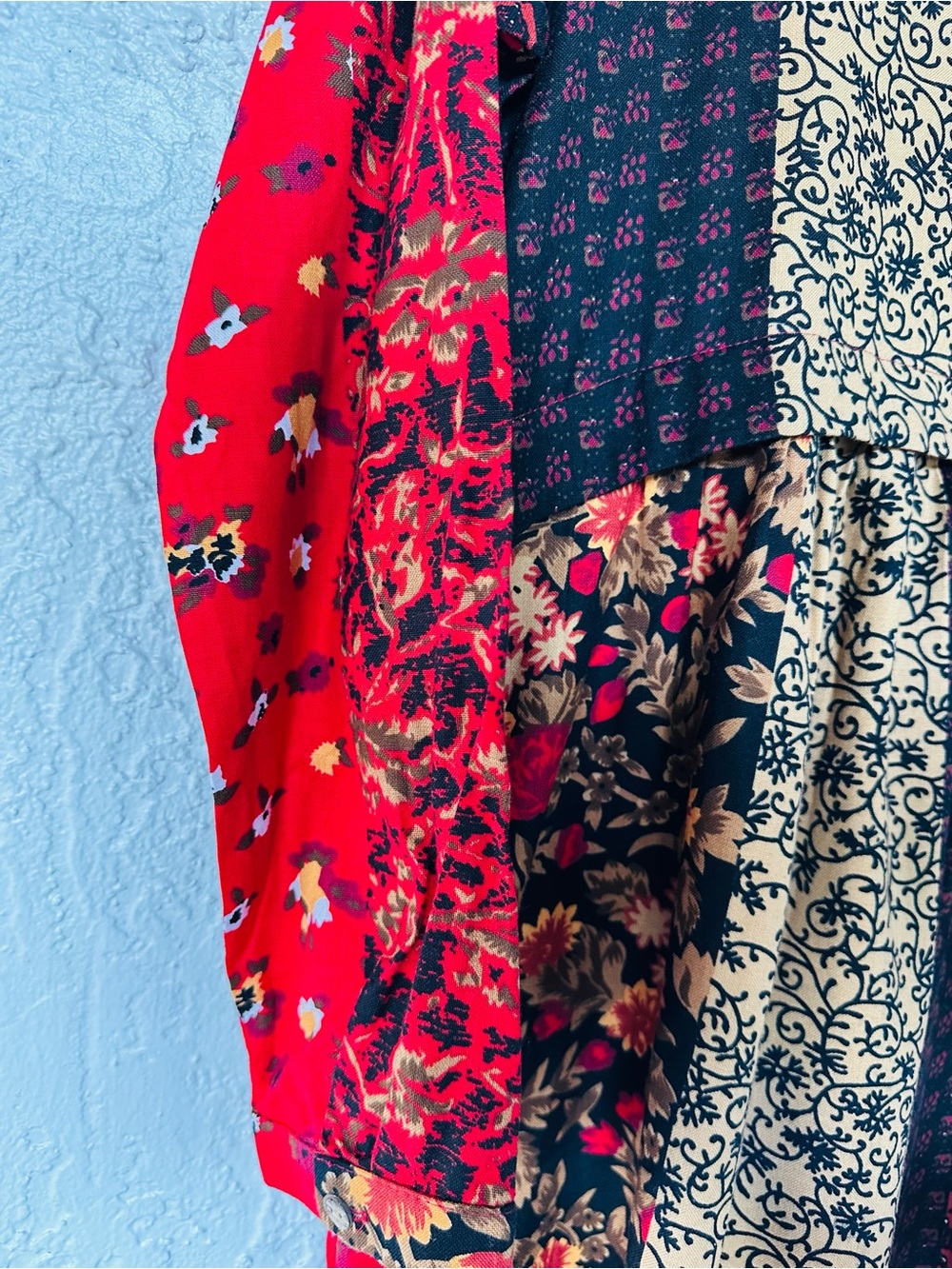 New Los Banditos Patchwork Boho Cotton Midi Dress Red Floral Long Sleeve - Picture 10 of 11